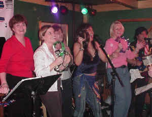 Fans on stage with us at Perry's Restaurant. Click for enlarged view